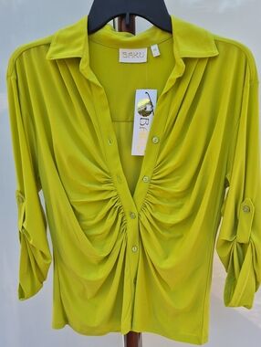 BAKU Lime Green Ruched Button-Down Blouse